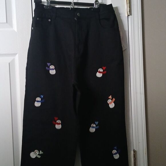Quacker Factory black snowmen black wide leg jeans winter   Sz Large (14/16) NWT - Picture 3 of 8